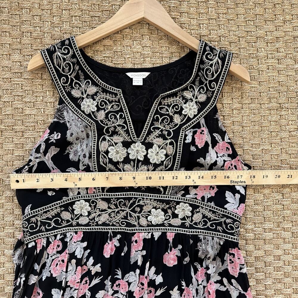 Monsoon Black Chiffon Silver Thread Peacock Floral Maxi Dress Boho Size 12 - Picture 9 of 13